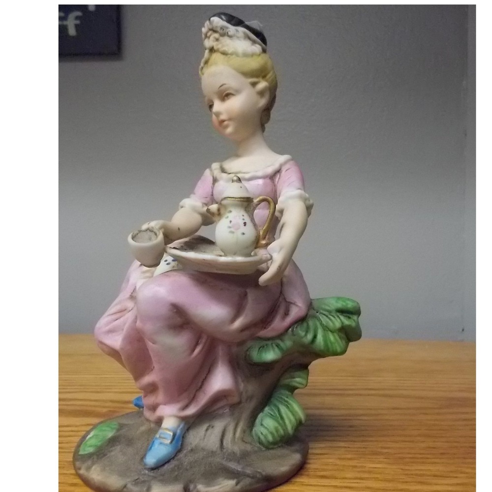Royal Crown Arnart 1984 Porcelain Figurine Lady Serving Tea Pink Dress Bisque